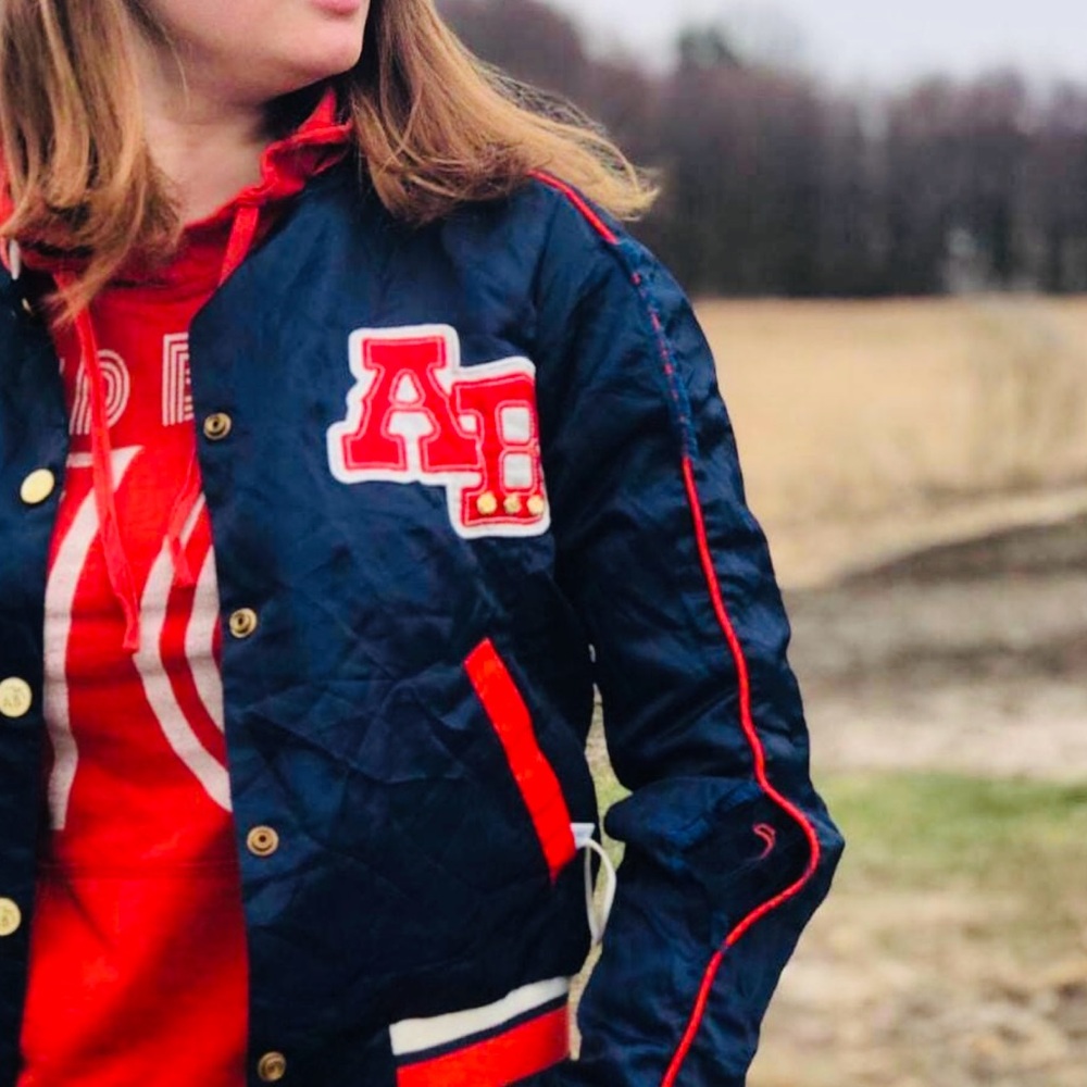 Apple Bottoms Vintage 2000s Red & Blue Satin Varsity Bomber Jacket RARE! Size M